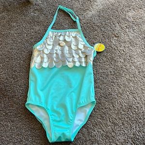 New Mermaid swimsuit size 5 turquoise with gold mermaid scales. NWT UPF 50+